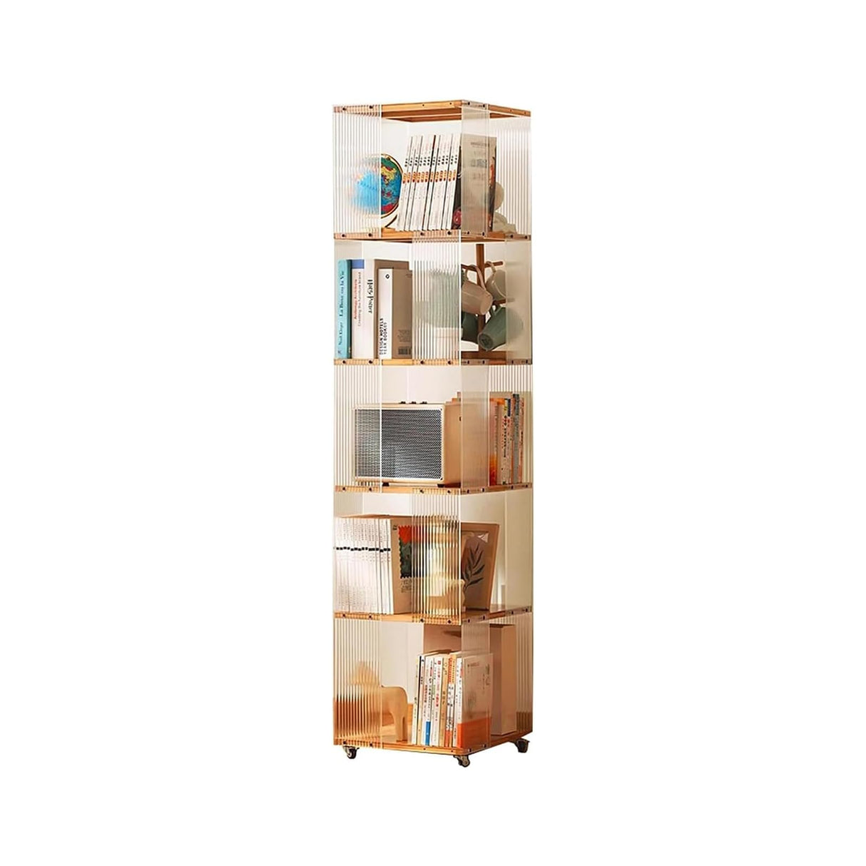 5 Tier Rotating Bookshelf, Clear Bookcase, Modern Storage Organizer Book Case for Bedroom Living Room Home Office, 360 Display Spinning Bookshelf Floor Standing Book Shelf (5 Tier - Natural) ZHUMUJIAJU