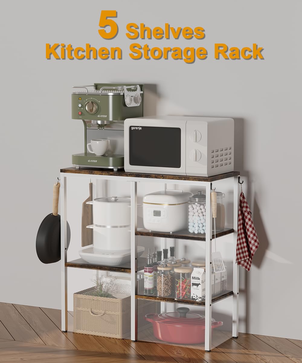 Artibear 4-Tier Kitchen Microwave Oven Stand, Adjustable Coffee Bar Station for Small Appliance, Baker's Rack with 4 Hooks & 5 Storage Shelves, Utility Rack for Kitchen, Living Room, Office, White Artibear
