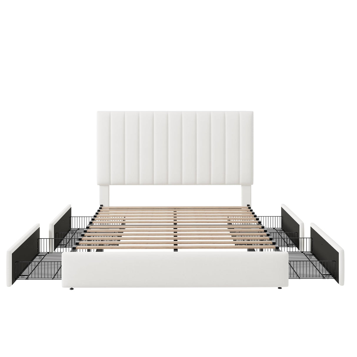 Allewie Full Size Storage Bed Frame, Vertical Channel Tufted Adjustable Headboard, Velvet Upholstered Platform Bed with 4 Oversized Underbed Drawers, Wooden Slats Support, No Box Spring Needed, White Allewie