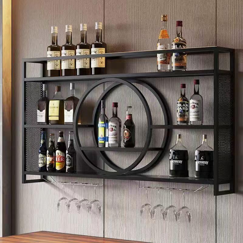 HFTUW 47 Inch Metal Wall Mounted Wine Rack, 3-Tier Bar Shelf with Glass Holder, Modern Large Capacity Liquor Bottle Display Shelf for Home Bar, Dining Room & Kitchen, Black HFTUW