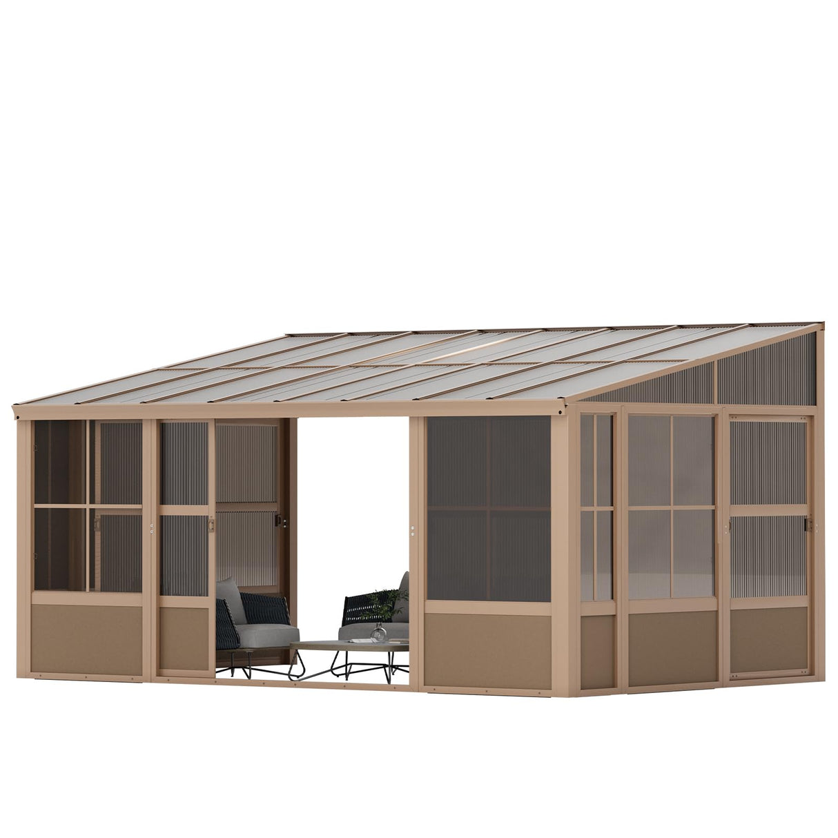 EROMMY 10' x 16' Sunroom, Wall Mounted Gazebo Solarium with Drainage Trough, Polycarbonate Roof, Lean to pergola for Garden, Permanent Sun Room with Lockable Sliding Doors, Brown EROMMY
