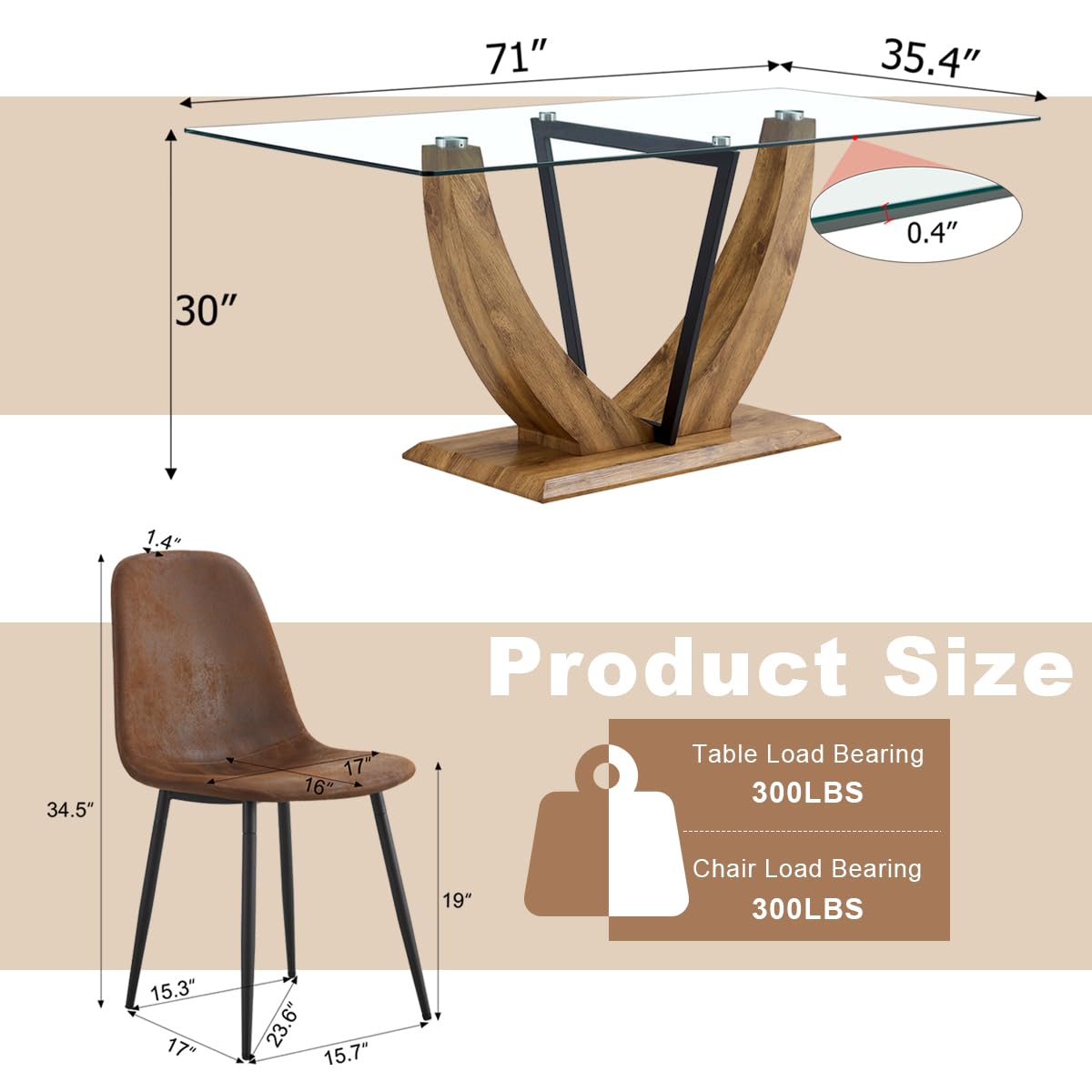 JEARGE 71" Glass Dining Table Set for 6, 7 Piece Dining Table Set,Tempered Glass Table Top with U-Shaped Legs and Fabric Dining Chairs,Ideal for Kitchens, Living Rooms JEARGE