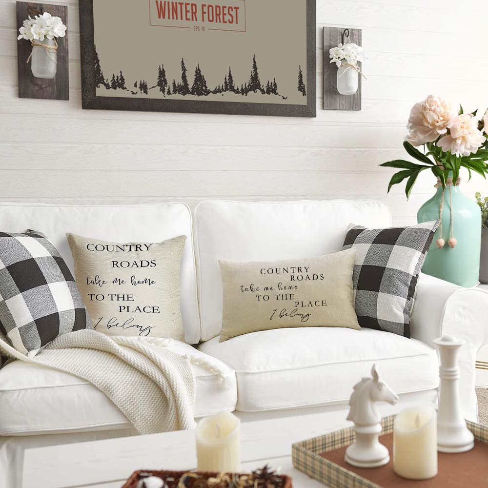 Ussap Lumbar Country Roads Take Me Home Christmas Rectangle Decorative Throw Pillow Cover, Rustic Quote Home Farmhouse Decoration, Housewarming Gift Cushion Case for Sofa Decor Cotton Linen 12 x 20 Ussap