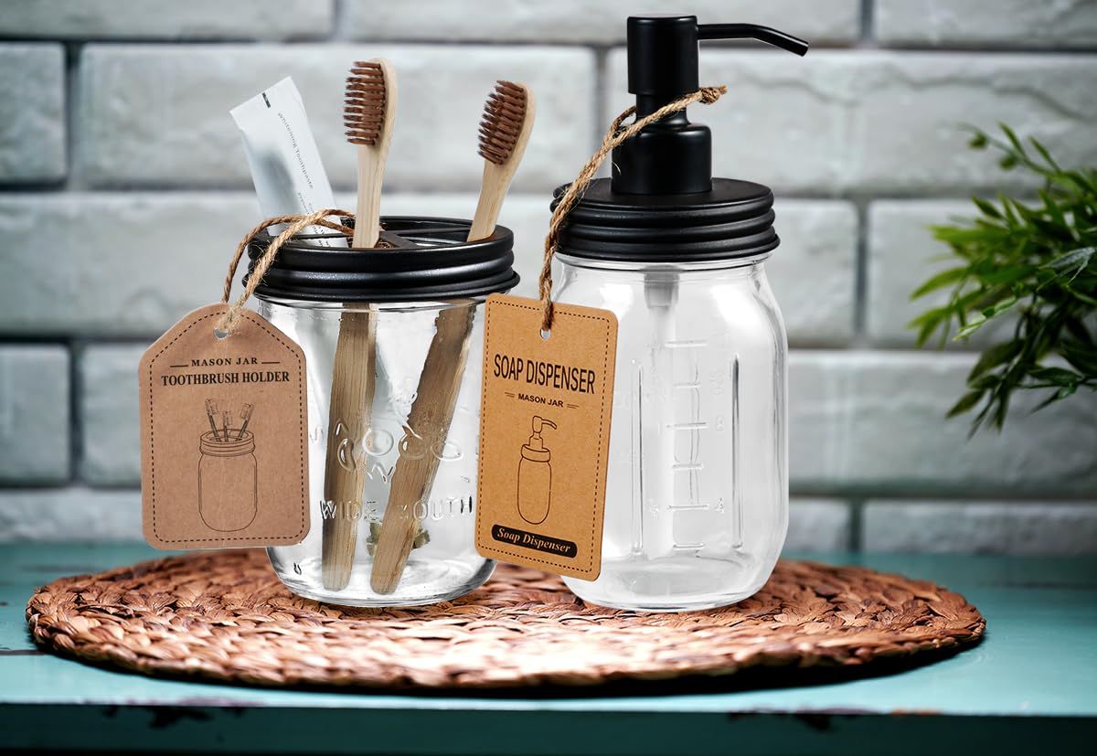 SheeChung Mason Jar Bathroom Accessories Set, 2Pcs Glass Bathroom Accessory Set, Soap Dispenser, Toothbrush Holder, Bathroom Decor, Rustic Farmhouse Decor - Black SheeChung