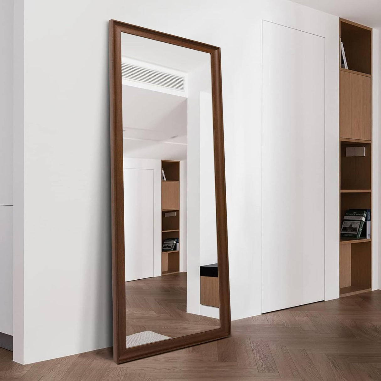 TheiaMo Full Length Mirror Wood Frame, 65×22in Floor Mirror Full Body Mirror with Standing Holder Hanging Wall Mirror, Stand Large HD Mirror, Dressing Mirror for Bedroom/Living Room, Walnut TheiaMo