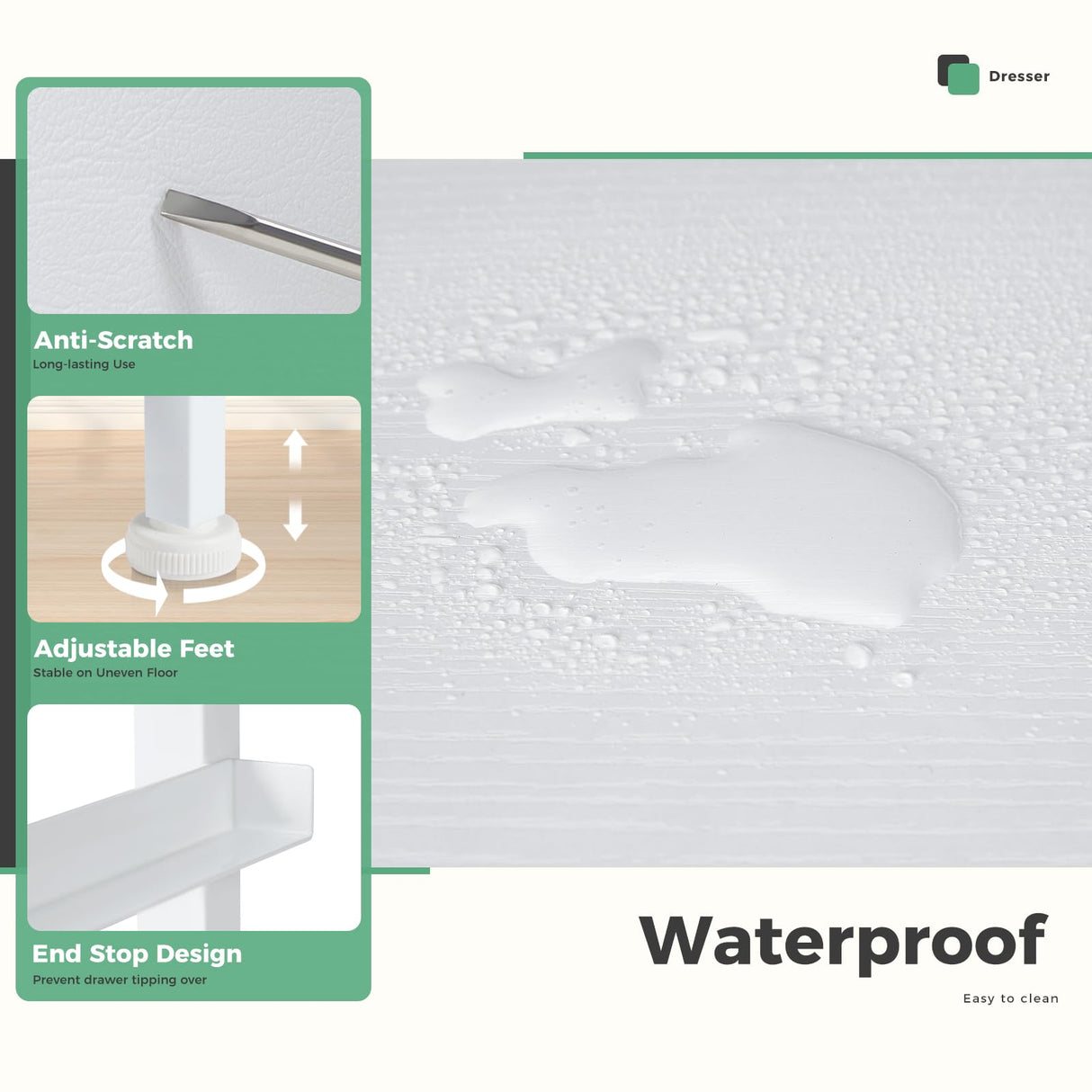 DUMOS Dresser for Bedroom with 7 Drawers, Storage Organizer Units Furniture, Chest Tower TV Stand with Fabric Bins, Metal Frame, Wooden Top for Nursery, Living Room, Kidsroom, Closet, White DUMOS