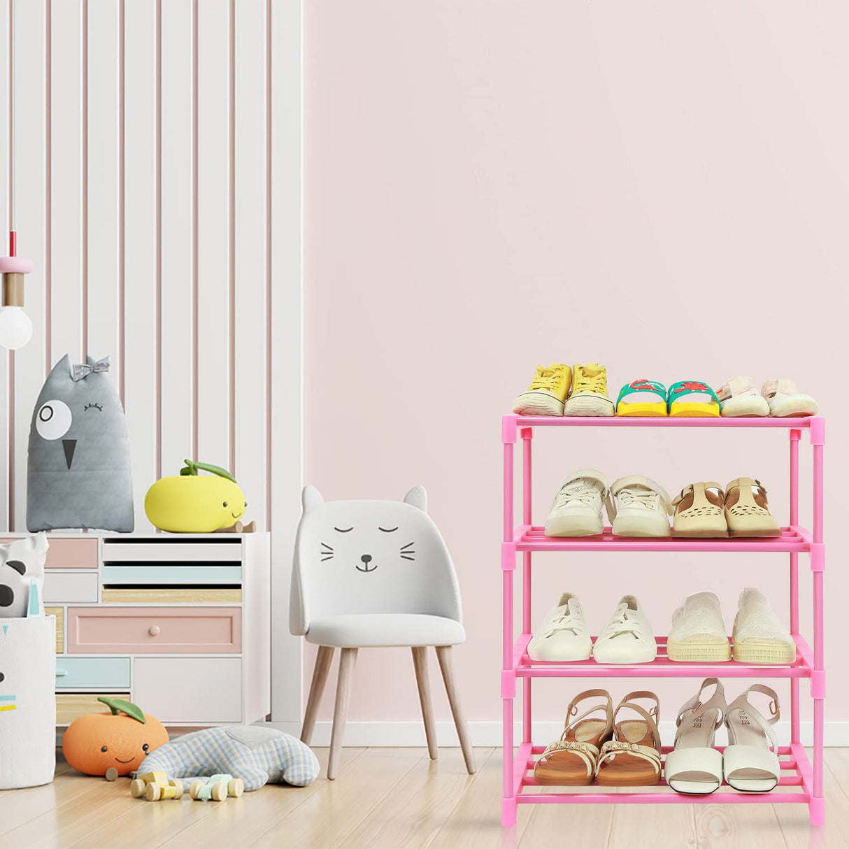 HITHIM 4-Tier Free Standing Shoe Racks for 6-8 Pairs Shoe Storage,Kids Shoe Racks for Small Place,Lightweight Stackable Shoe Shelf Organizer for Entryway, Doorway and Closet,Pink HITHIM