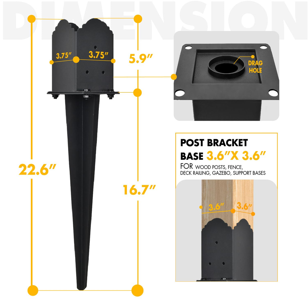 4 Pack Fence Post Anchor 4''x4'', Heavy Duty Fence Post Anchor Ground Spike 22''x4''x4'' for Fence, Mailbox, Bird Feeder, Decking,... with The Black Powder Coating Cover on The Surface BTRAM