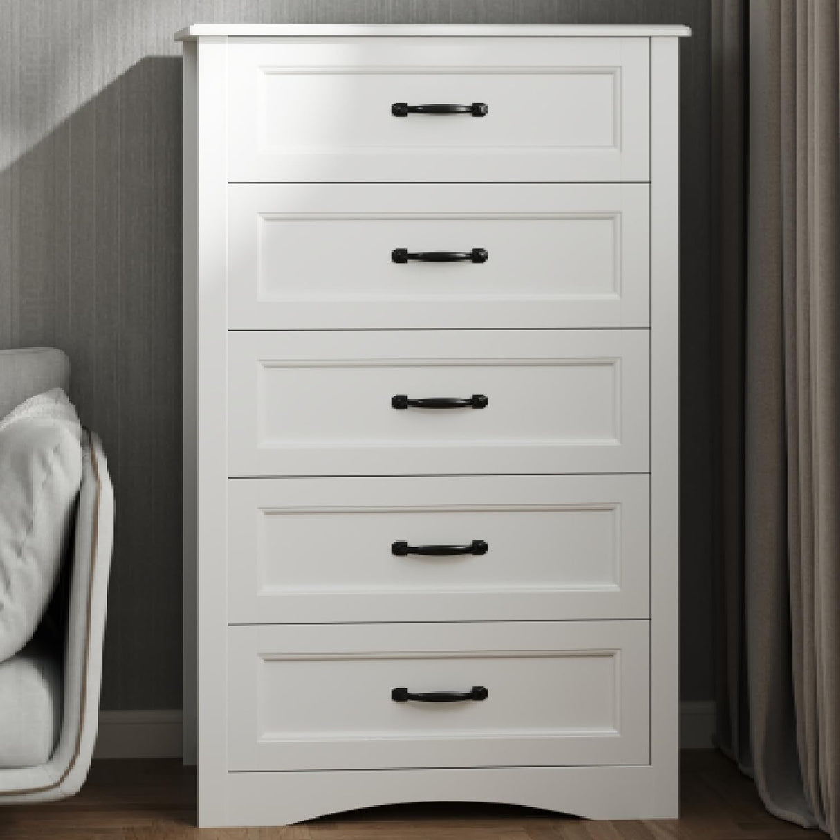 Gizoon 5 Drawer Dresser, White Wood Chest of Drawers for Bedroom, 43.3" Large Capacity Storage Cabinet with Anti-Tip Device, for Clothes, Living Room, Hallway, Office Gizoon