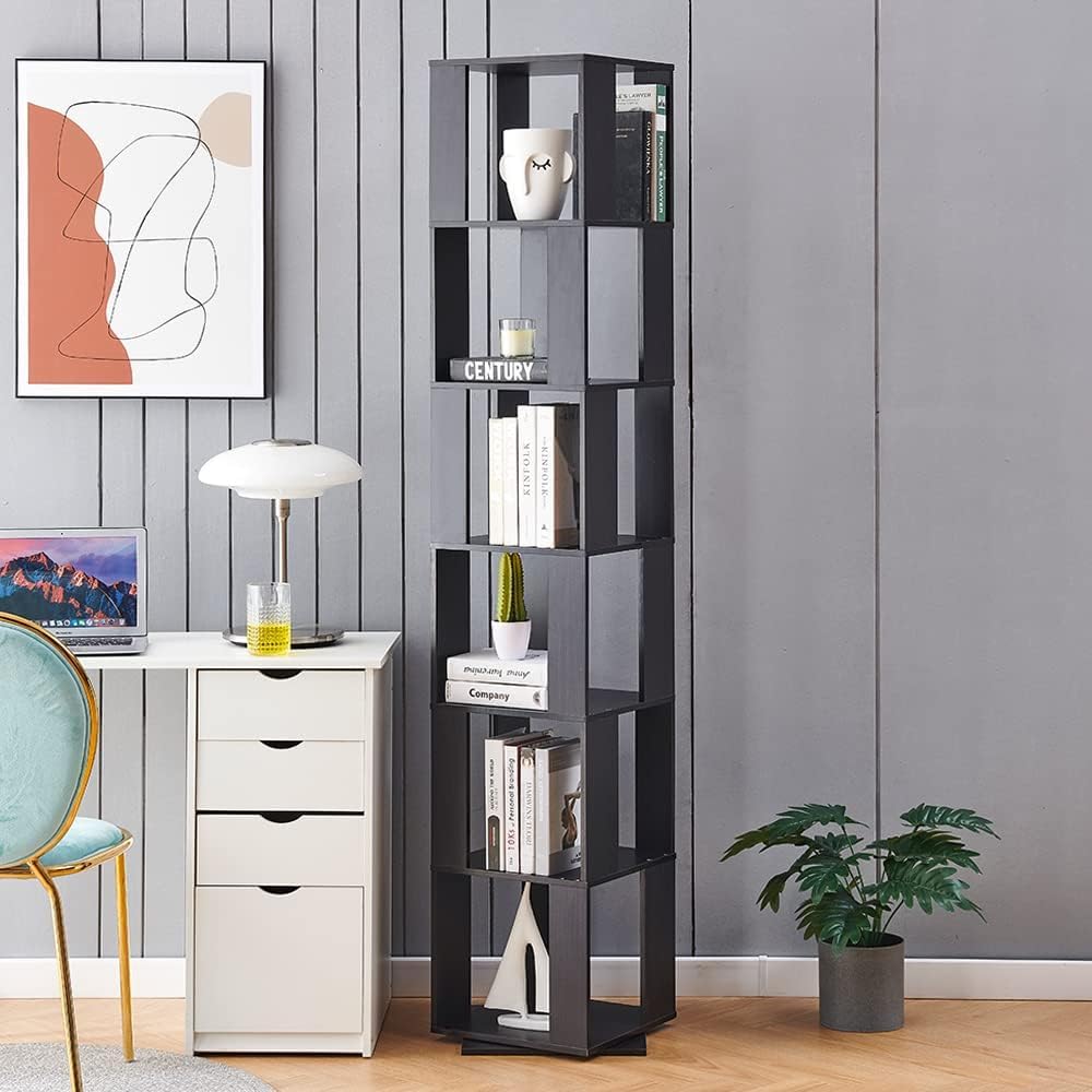 360° Rotating 6-Tier Corner Bookshelf by RVEE - Stylish Black Wooden Bookcase for Home Office and Living Room RVEE