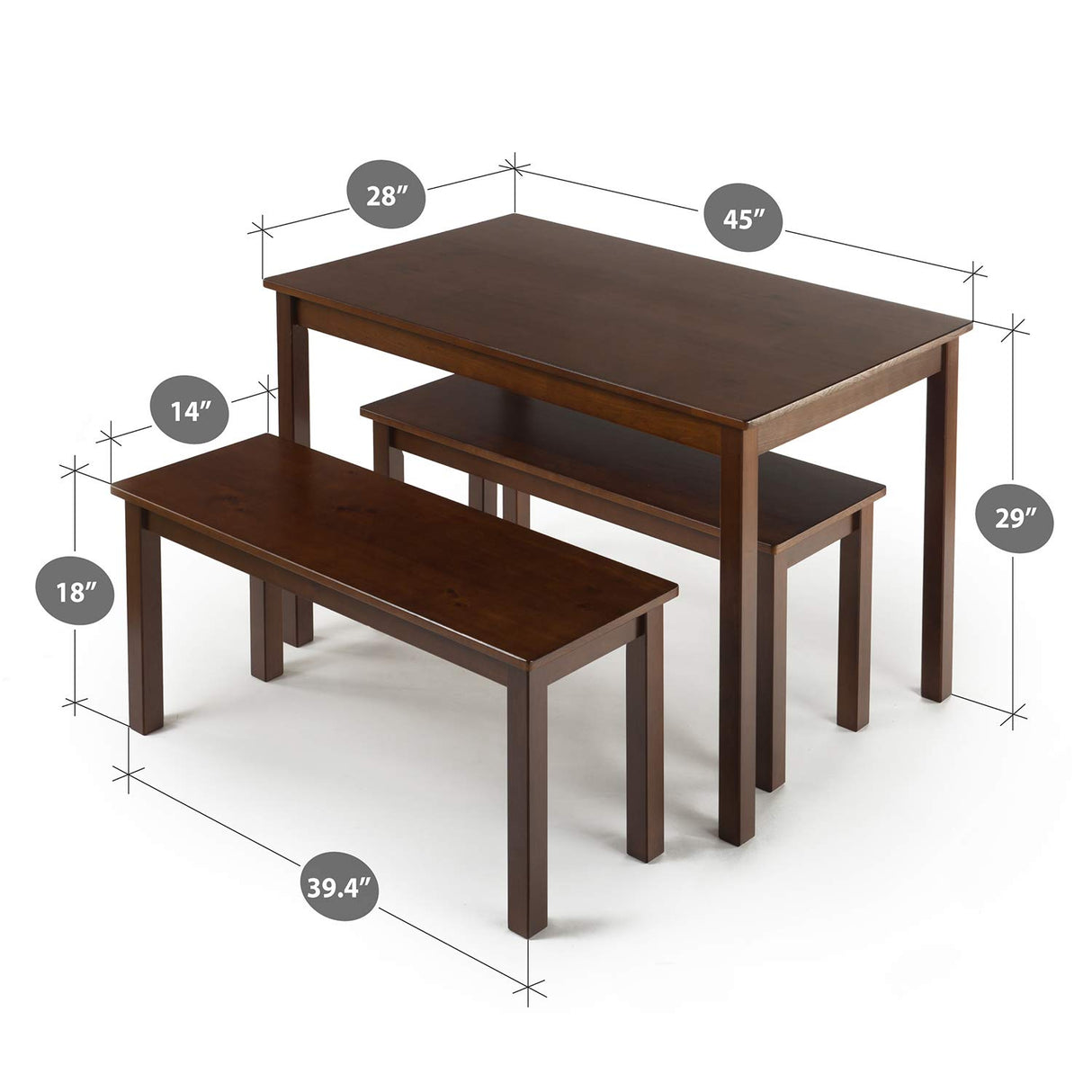 Zinus Juliet Espresso Wood Dining Table with Two Benches / 3 Piece Set, Table and Bench Set Zinus