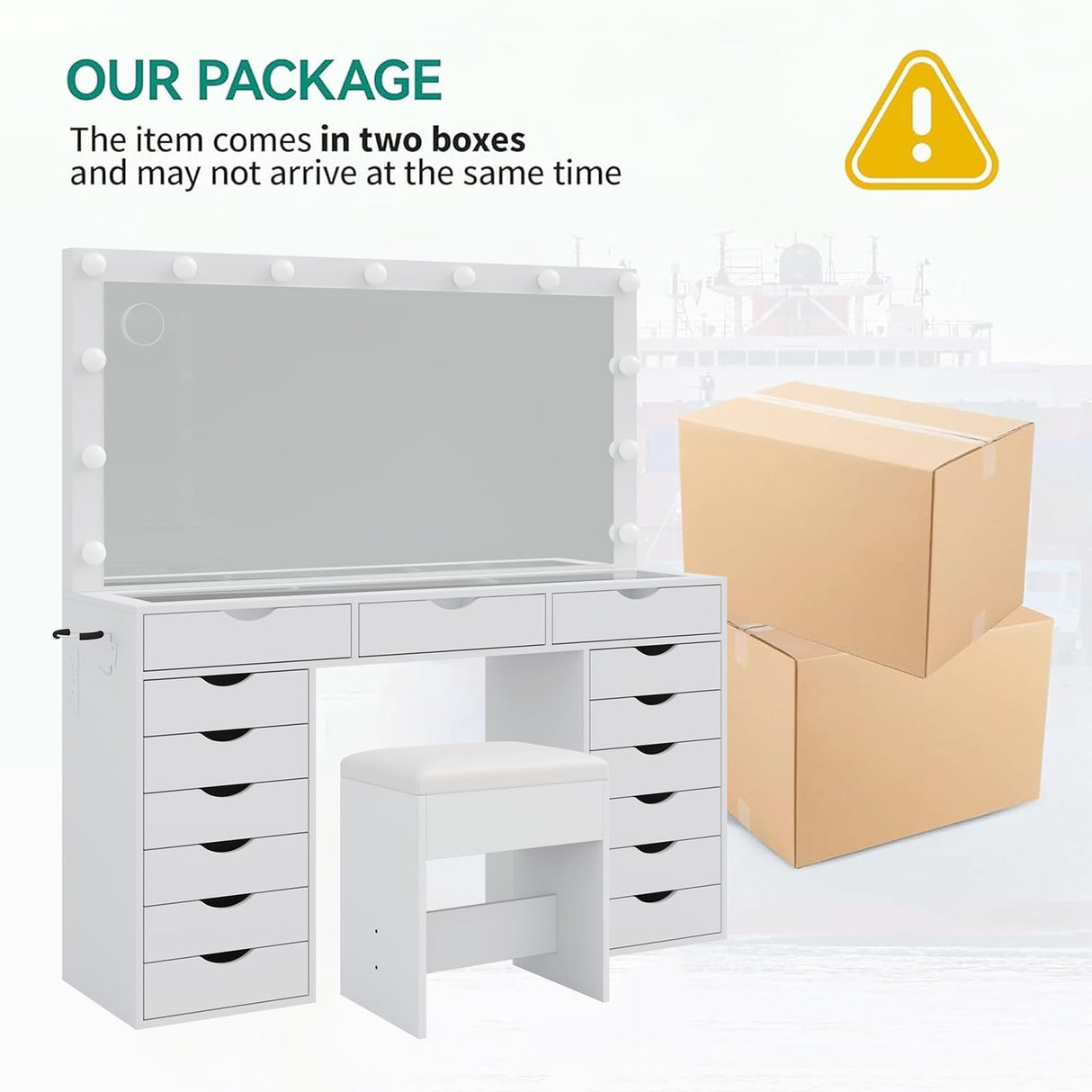 Yanosaku Vanity Desk with Mirror and Lights, Makeup Table with Charging Station, 3 Color Lighting Modes, 15 Drawers Dressing Table, Vanity with Chair for Bedroom, White Yanosaku