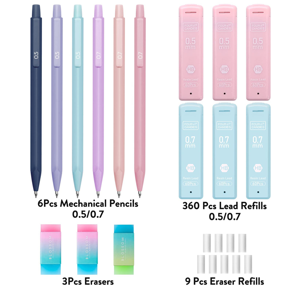 Four Candies Cute Mechanical Pencil Set, 6PCS Pastel Mechanical Pencils 0.5 & 0.7mm with 360PCS HB Pencil Leads, 3PCS Erasers and 9PCS Eraser Refills, Aesthetic Mechanical Pencils for Girls Writing Four Candies