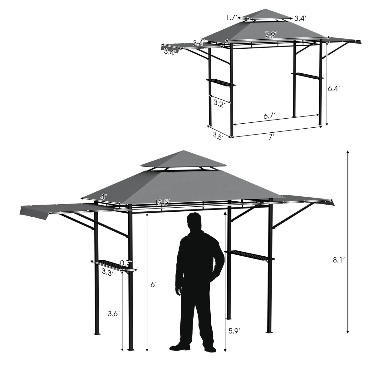 Tangkula 13.5x4 Ft Grill Gazebo with Dual Side Awnings, Double Tiered BBQ Gazebo with 2 Side Shelves, Heavy-Duty Steel Frame, CPAI-84 Barbecue Grill Gazebo Shelter for Patio, Garden, Beach, Terrace Tangkula