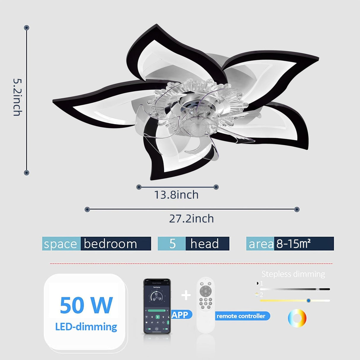 Bevenus Low Profile Ceiling Fans with Lights,27.2” Black Modern Dimmable Flower Shape Ceiling Light Fan with Remote Control/app Control,Timing 6 Gear Speeds Fan Ceiling Lamp. Bevenus