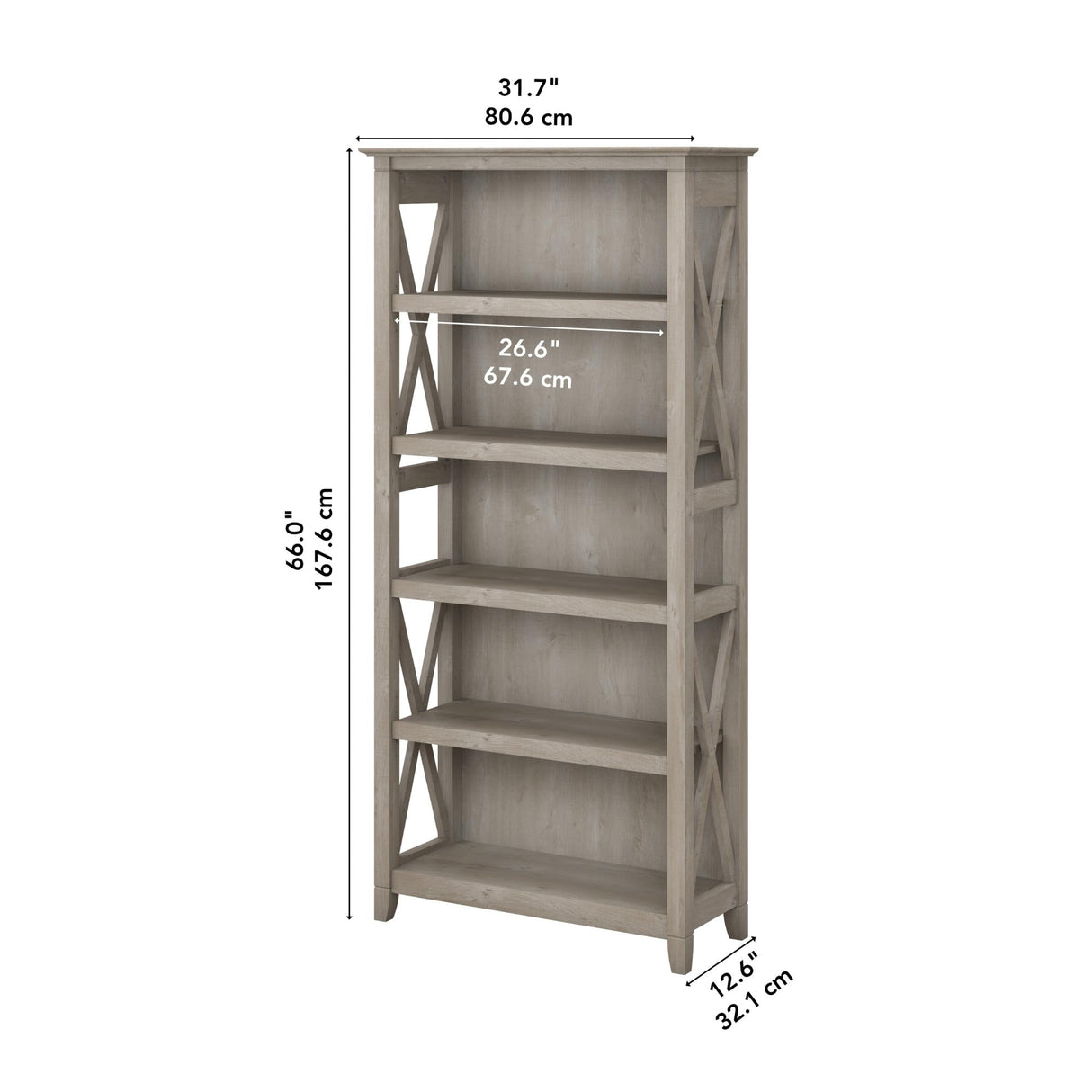 Bush Business Furniture Key West 5-Shelf Bookcase with X Pattern Accents in Washed Gray Bush Business Furniture