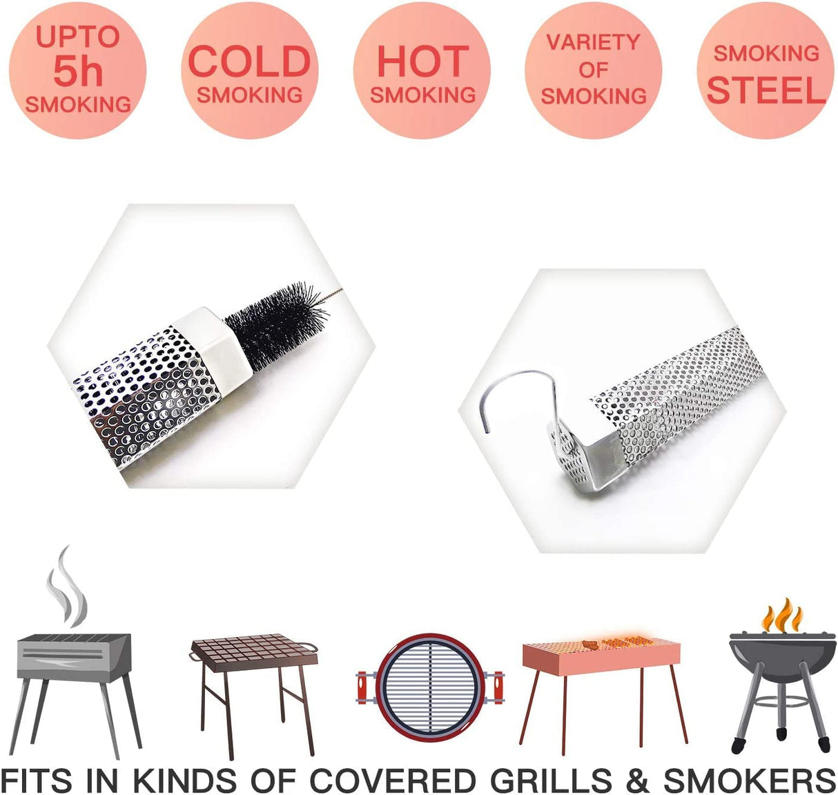 12" Pellet Smoker Tube for pellet Grill 2 Pack Cold Smoker Generator for BBQ Stainless Steel Wood Pellet Tube Smoker Fit Electric Gas Charcoal Grill, Provides Food tong and Brush and Hook JIIGAAT