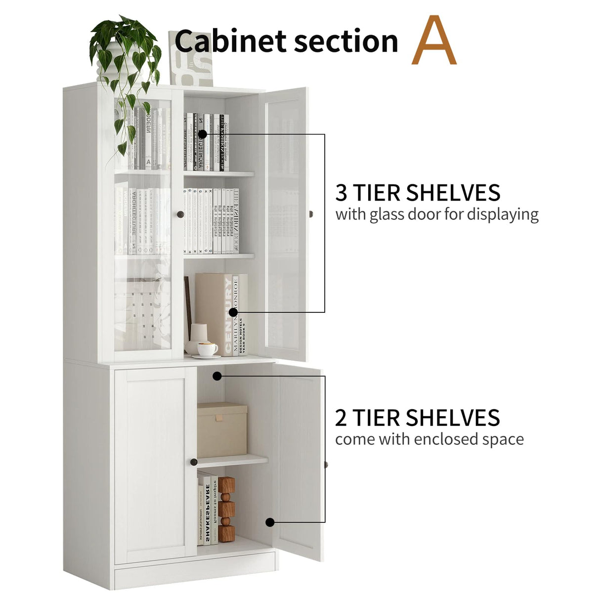 TUSY 71" H Bookshelf with Storage, 6-Tier Modern Bookshelves with 3 Large Drawer, Display Bookcase with Glass Doors, Modern 5-Tier Curio Cabinet for Home Office, Dining Room (White, AB) TUSY