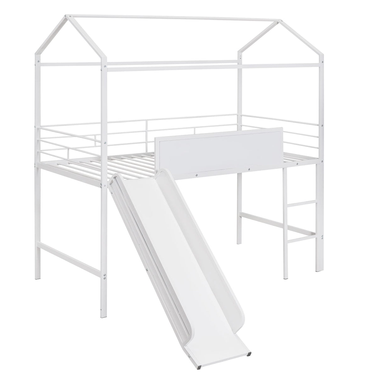 Twin House Loft Beds with Slide and Chalkboard, Low Loft Bed Twin Size, Metal House Bed with Guardrail and Ladder, Metal Twin Size Loft Bed for Kids Teens Girls Boys (Twin, White) Harper & Bright Designs