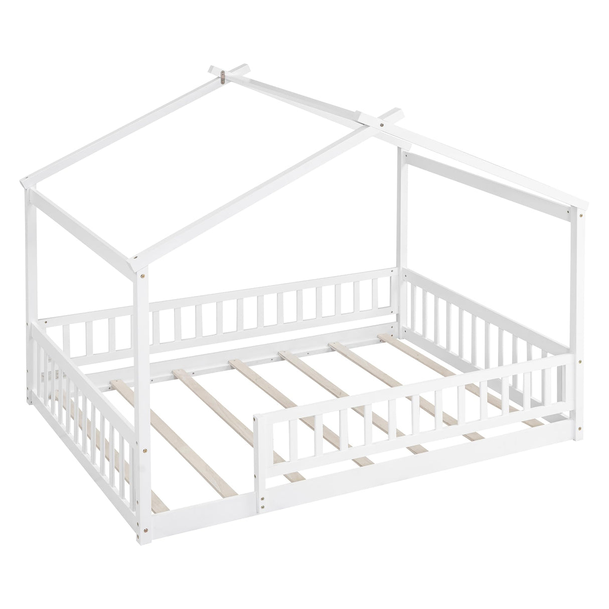 House Bed Full Size Floor Bed with Fence Railings, Wooden Montessori Style Bed Frame for Kids, Fun Playhouse Beds for Girls Boys, White Bellemave