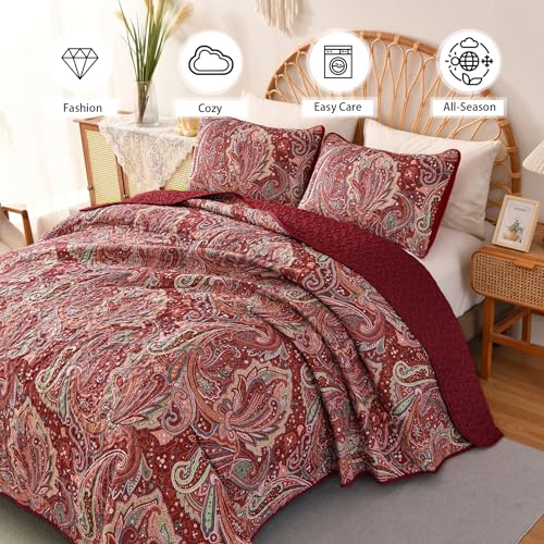 DJY Red Paisley Quilt Set California King Boho Bedspread 3 Pieces, Soft Lightweight Microfiber Coverlet Set Paisley Floral Pattern Bedding for All Season, 112"x96" DJY