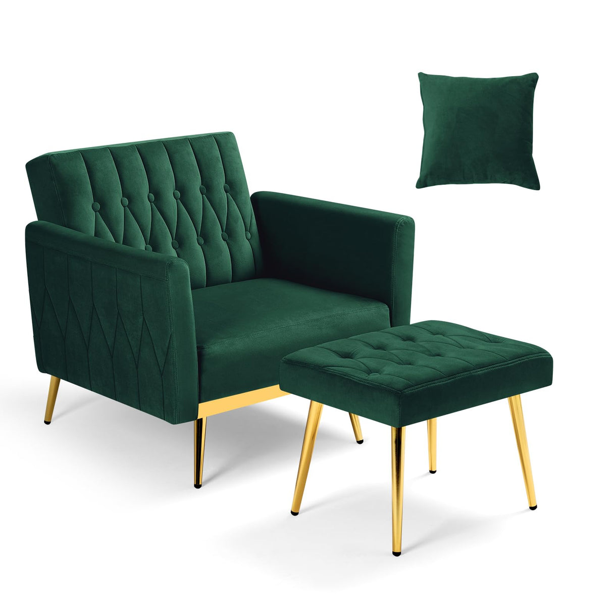 ACMEASE Velvet Accent Chair with Adjustable Armrests and Backrest, Button Tufted Lounge Chair, Single Recliner Armchair with Ottoman and Pillow for Living Room, Bedroom, Green ACMEASE