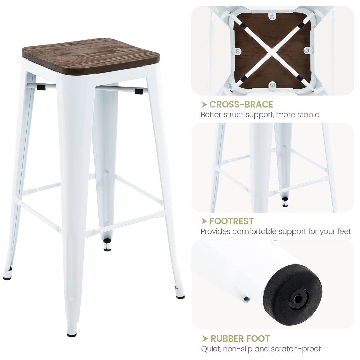 Brage Living 30 Inch Metal Bar Stools with Square Solid Elm Wood Seat Top, Backless Stackable Industrial Barstools Set of 2 (White) Brage Living