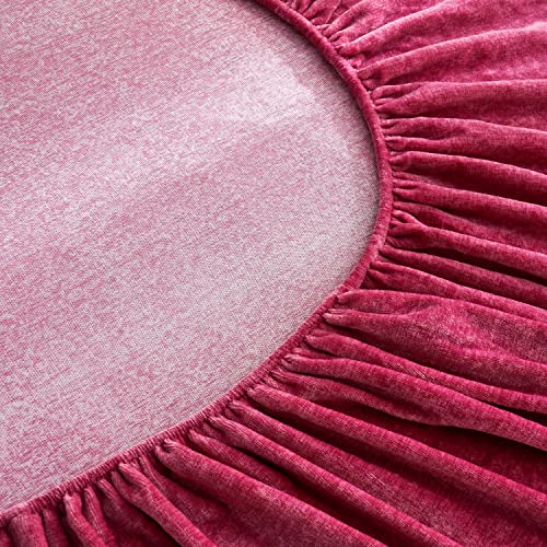 YASMENG Extra Soft Wine Red Velvet Plush Fitted Sheet Twin Size with 16” Deep Pocket, Warm Luxury Single Fitted Sheet Only for Fall Winter Spring, Fuzzy Flannel Fleece Mattress Protector Cover YASMENG
