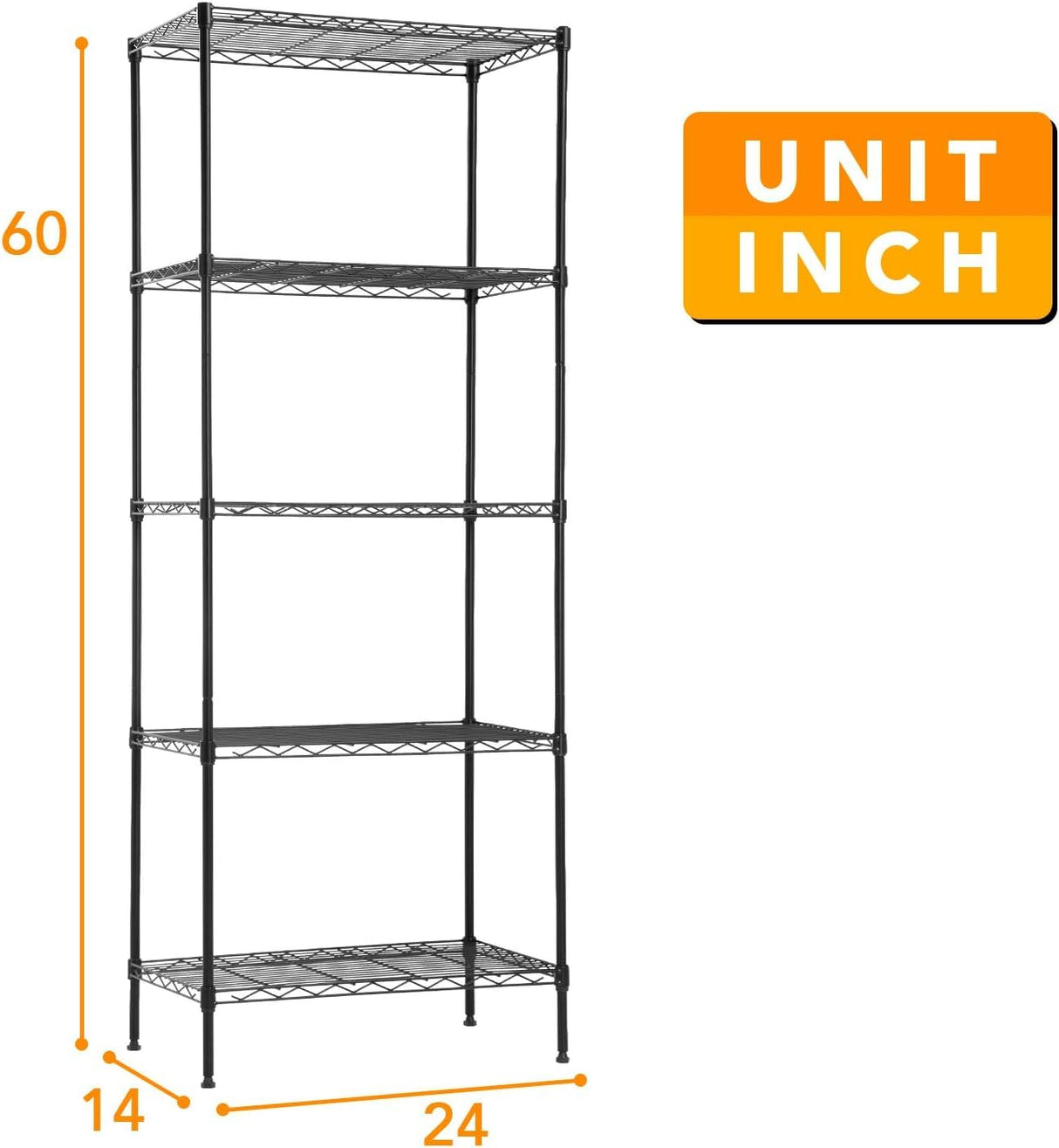 14" D×24" W×60" H Wire Shelving Unit Metal Commercial Shelf with 5 Tier Layer Rack Strong Steel for Restaurant Garage Pantry Kitchen Garage,Black FDW