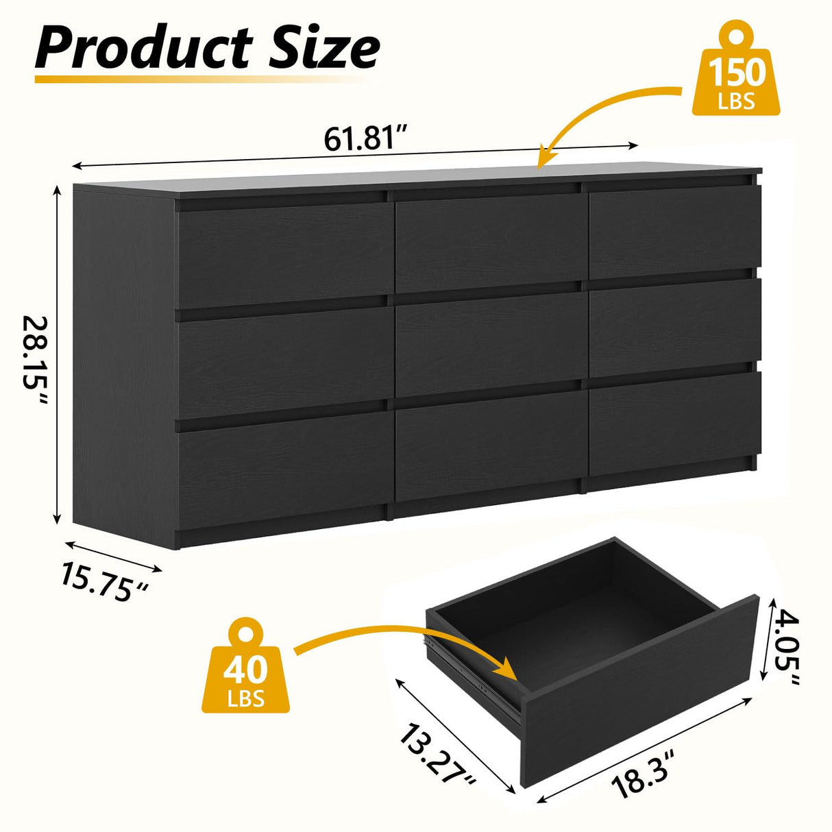 Angel Sar 62'' Black Dresser for Bedroom, Modern 9 Drawer Wood Dresser with Handle-Free Design & Thick Panel, Minimalist Storage Cabinet for Clothes, Entryway Use Angel Sar