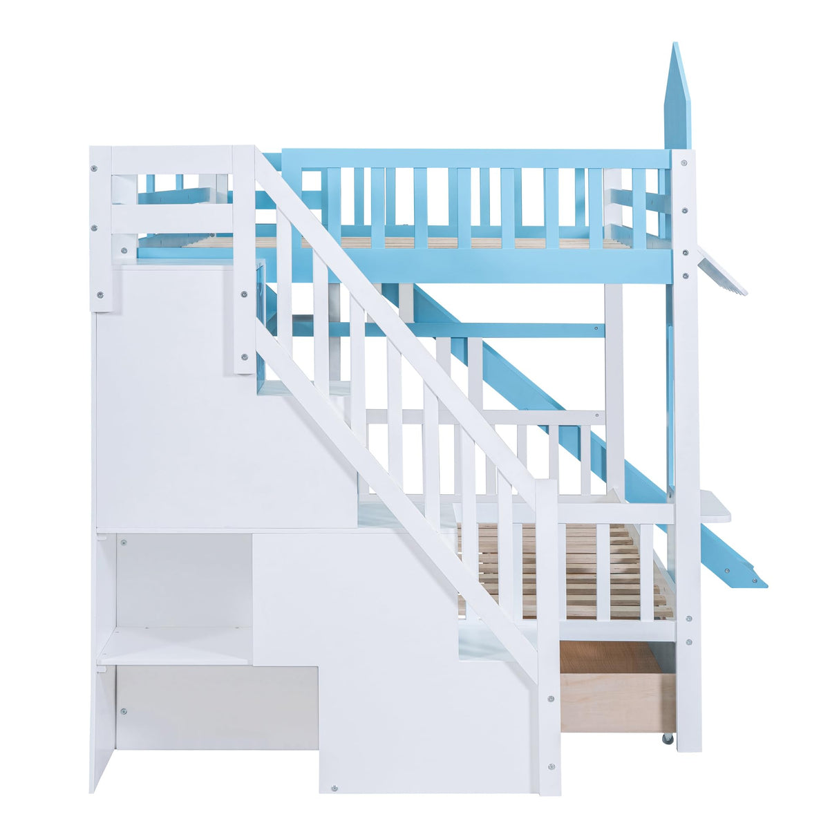 Harper & Bright Designs Full Over Full Bunk Bed with Slide and Stairs, Castle Style Bunk Beds with Storage Drawers and Shelves, Wooden Loft Bunk Bed Frame for Kids, Teens, Boys & Girls (Blue) Harper & Bright Designs