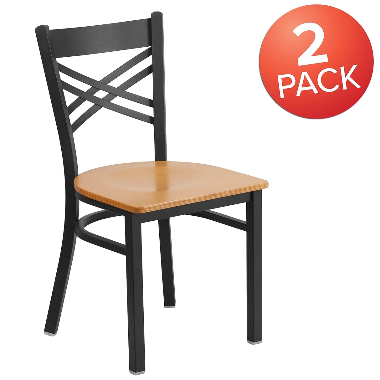 Flash Furniture 2 Pack HERCULES Series Black ''X'' Back Metal Restaurant Chair - Natural Wood Seat Flash Furniture