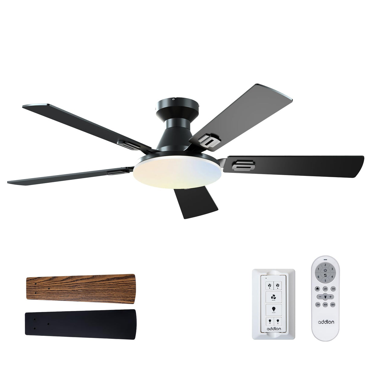 addlon Ceiling Fans with Lights, 52 inch Flush Mount Ceiling fan with Remote Control, Wall Remote, Reversible, 5CCT, Dimmable, Noiseless DC Motor, Black Low Profile Ceiling Fan for Bedroom, Farmhouse addlon