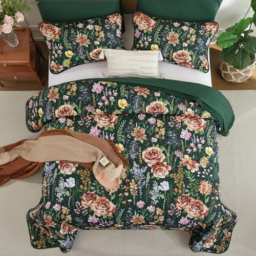 WONGS BEDDING Green Quilt Set King Size, 3 Piece Red Floral Leaves Pattern Botanical Bedding Set, Soft Lightweight Microfiber Bedspread Coverlet with 2 Pillowcases for All Season (104"x90") WONGS BEDDING
