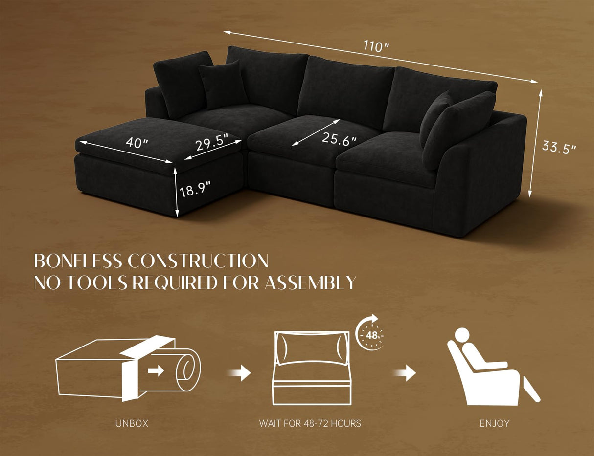 ohllob 110" Cloud Sectional Couches for Living Room, Boneless L-Shape Couch with Ottoman, 3 Seater Modular Sectional Sofa, Black ohllob