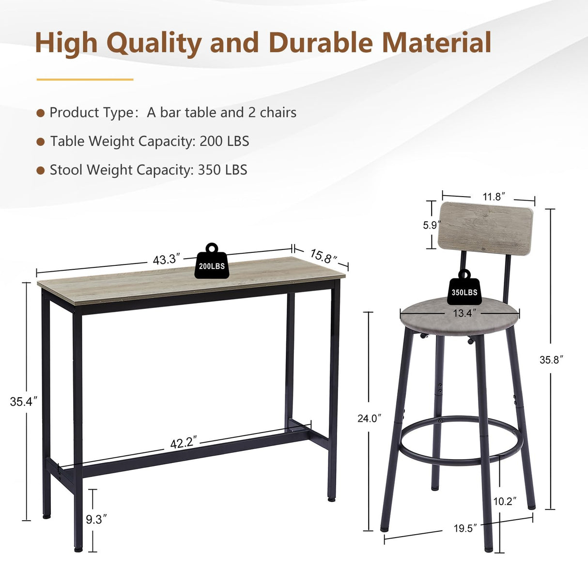 Tatub Bar Table and Chairs Set of 2, Industrial Sofa Table with Stools, 3 Piece Counter Height Small Dining Table Set for 2, Pub Table and Chairs Set of 2, Gray Tatub