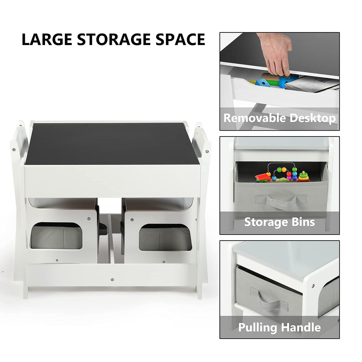 Kinder King Kids Wood Table & 2 Chairs Set, 3 in 1 Children Activity Table w/Storage, Removable Tabletop, Blackboard, 3-Piece Toddler Furniture Set for Art, Crafts, Drawing, Reading, Playroom, Grey Kinder King