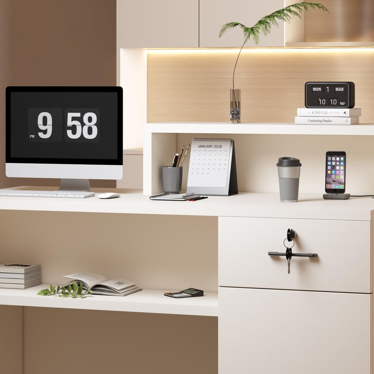 YTElantivo Reception Desk with LED Light and Locking Drawer – 47.2" Small Front Desk for Salon, Office, Retail, Lobby or Checkout Counter Use YTElantivo