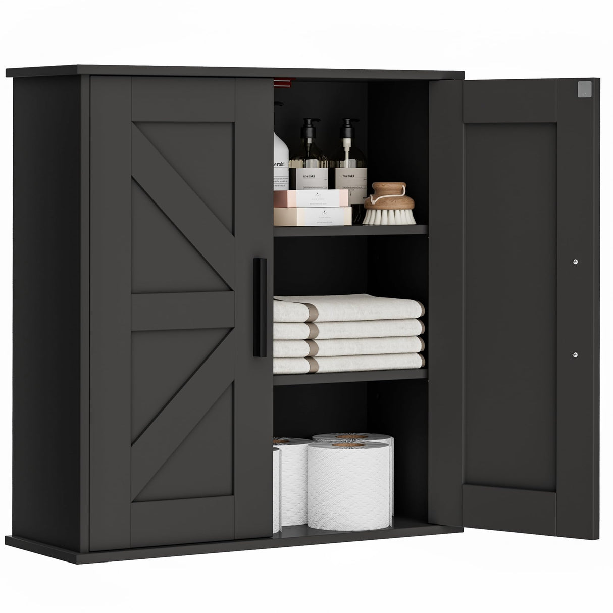 Homleke Bathroom Wall Cabinet, Over Toilet Storage Cabinet with Barn Doors and Adjustable Shelves, 3-Tier Medicine Cabinet Wall Mounted, for Bathroom, Kitchen, Entryway, Laundry Room, Black, (7.9" D) Homleke