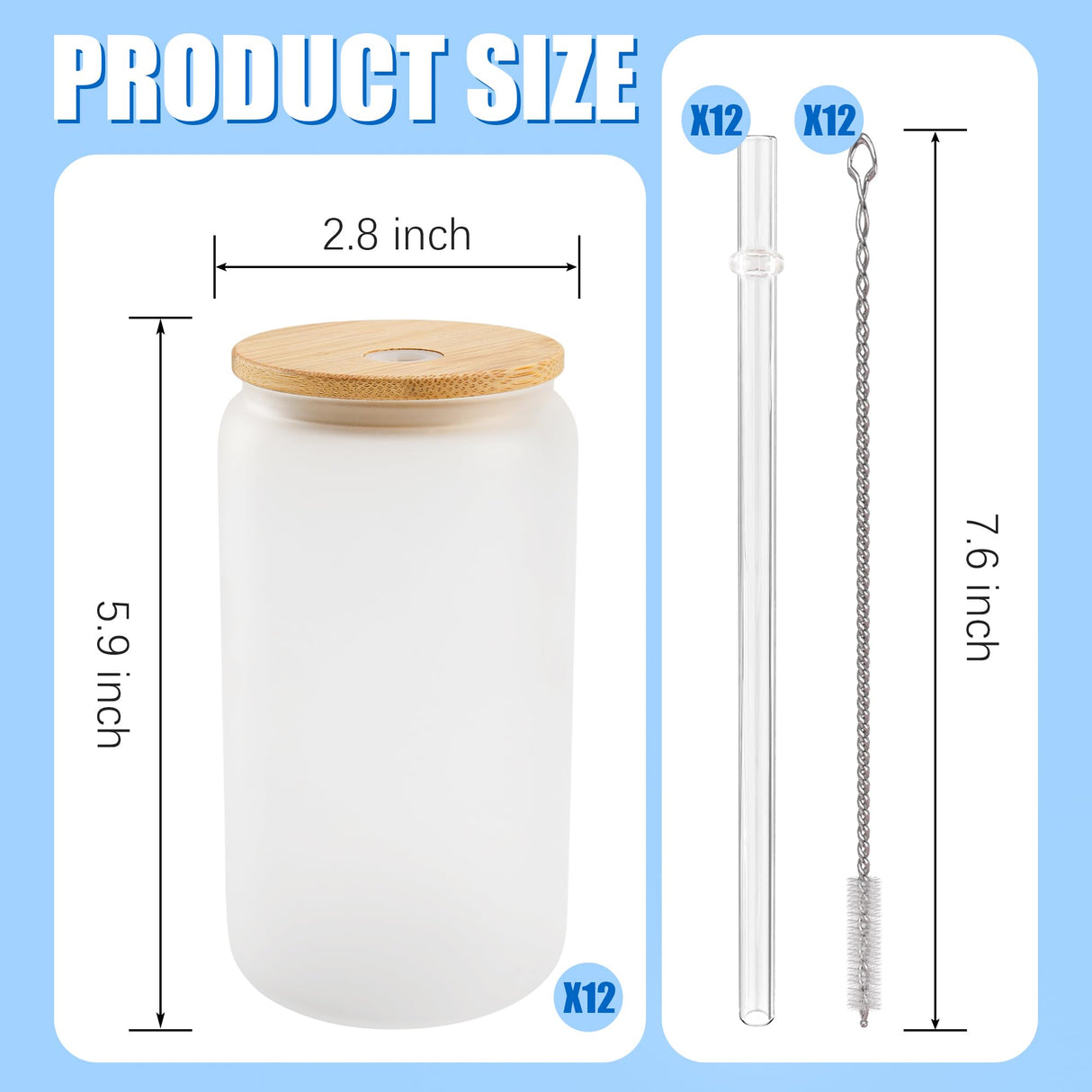 Joyclub 12 Pack Frosted Sublimation Glass Cups with Lids and Straws 16oz, Sublimation Glass Tumbler Blanks Beer Can Shaped Mugs for Iced Coffee Smoothie Soda Boba Tea Cocktail Gift Joyclub