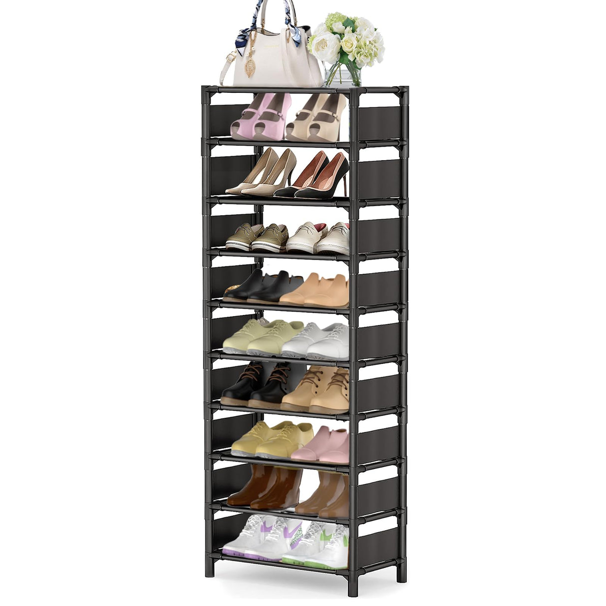 esonstyle 10 Tiers Vertical Shoe Rack Up to 20-25 Pairs, Sturdy Metal Narrow Shoe Rack Shoe Shelf, Space-Saving Tall Shoe Rack for Closet,Bedroom Hallway Garage Living Room esonstyle
