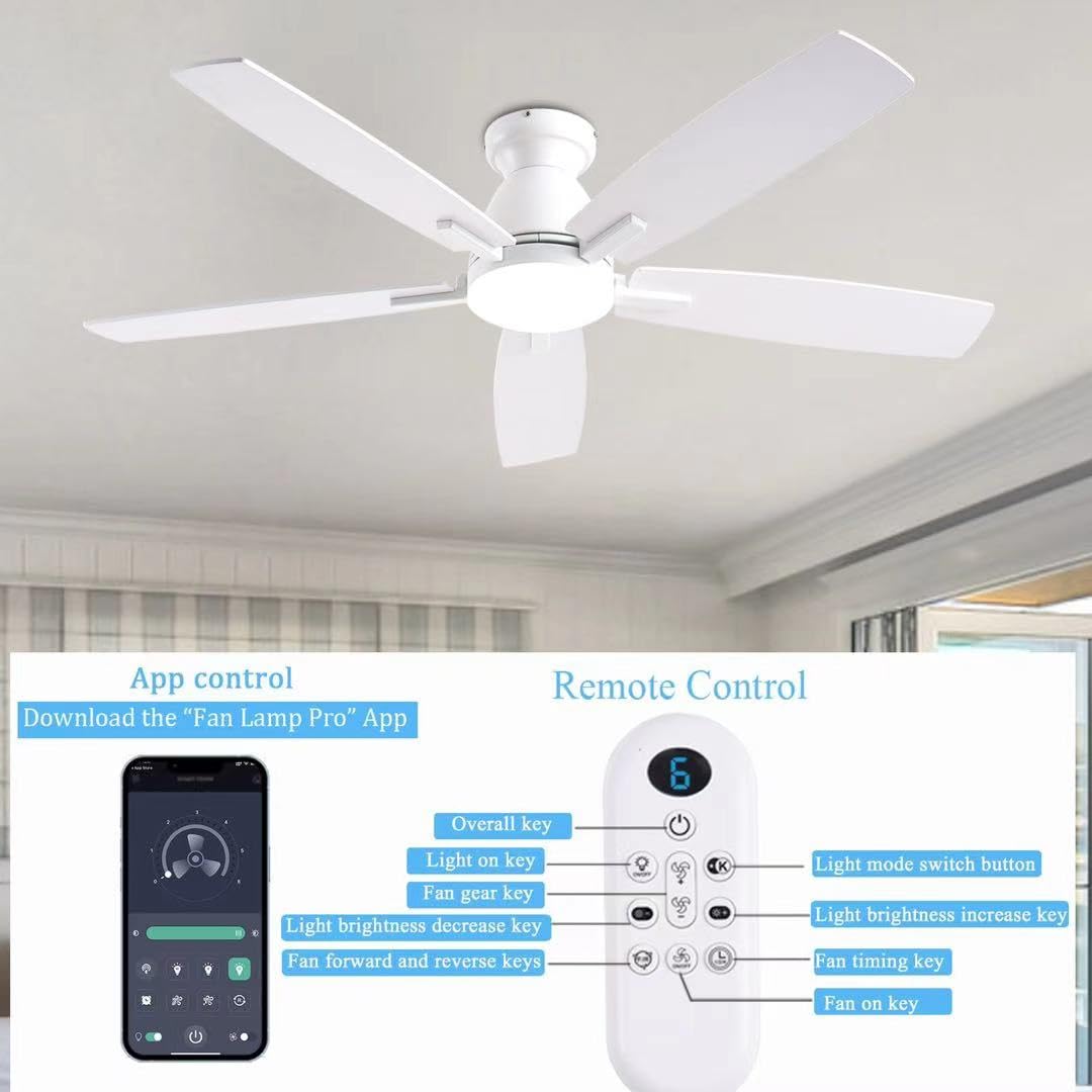 NKPU 52 Inch White Modern Ceiling Fans with Lights, Low Profile Ceiling Fan and Remote Control, DC Reversible Motor, Dimmable LED Ceiling Fans for Bedroom,Indoor/Outdoor Patio Use NKPU