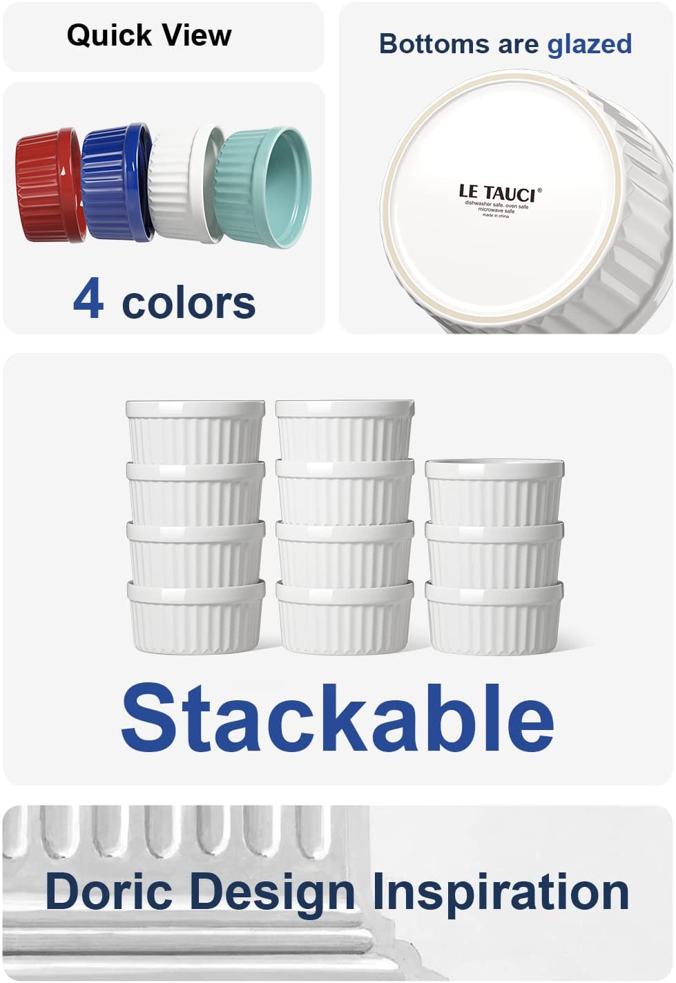 LE TAUCI Ramekins 4 OZ Oven Safe, Creme Brulee Ramekins, Pudding Custard Cups Souffle Ramiken, Dipping Sauce Dishes, Ceramic Ramekin Bowls Set of 6, White LE TAUCI