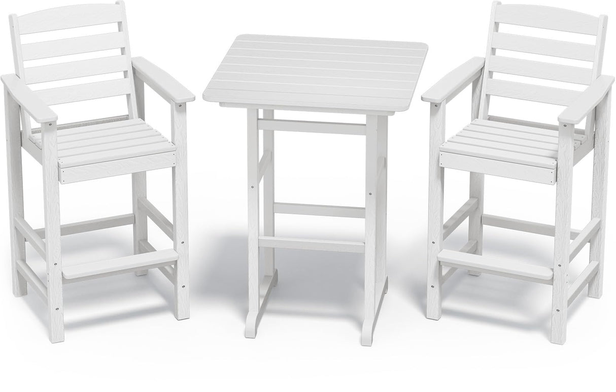 SERWALL Tall Adirondack Bar Chairs and Table 3 Pieces Set, Adirondack Bar Height Chairs Set of 2 and Bar Table, Outdoor Bar Stools Set for Bistro, Poolside, Backyard, White SERWALL