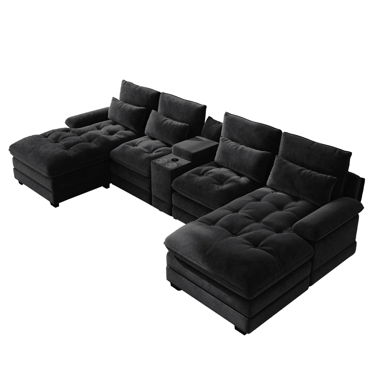 OUYESSIR 134" U Shaped Sectional Cloud Couch,Tufted Couch with Chaise Lounge,Fluffy Black Sectional Couches for Living Room,Comfy Chenille Modular Sofa with Central Console & USB Port OUYESSIR