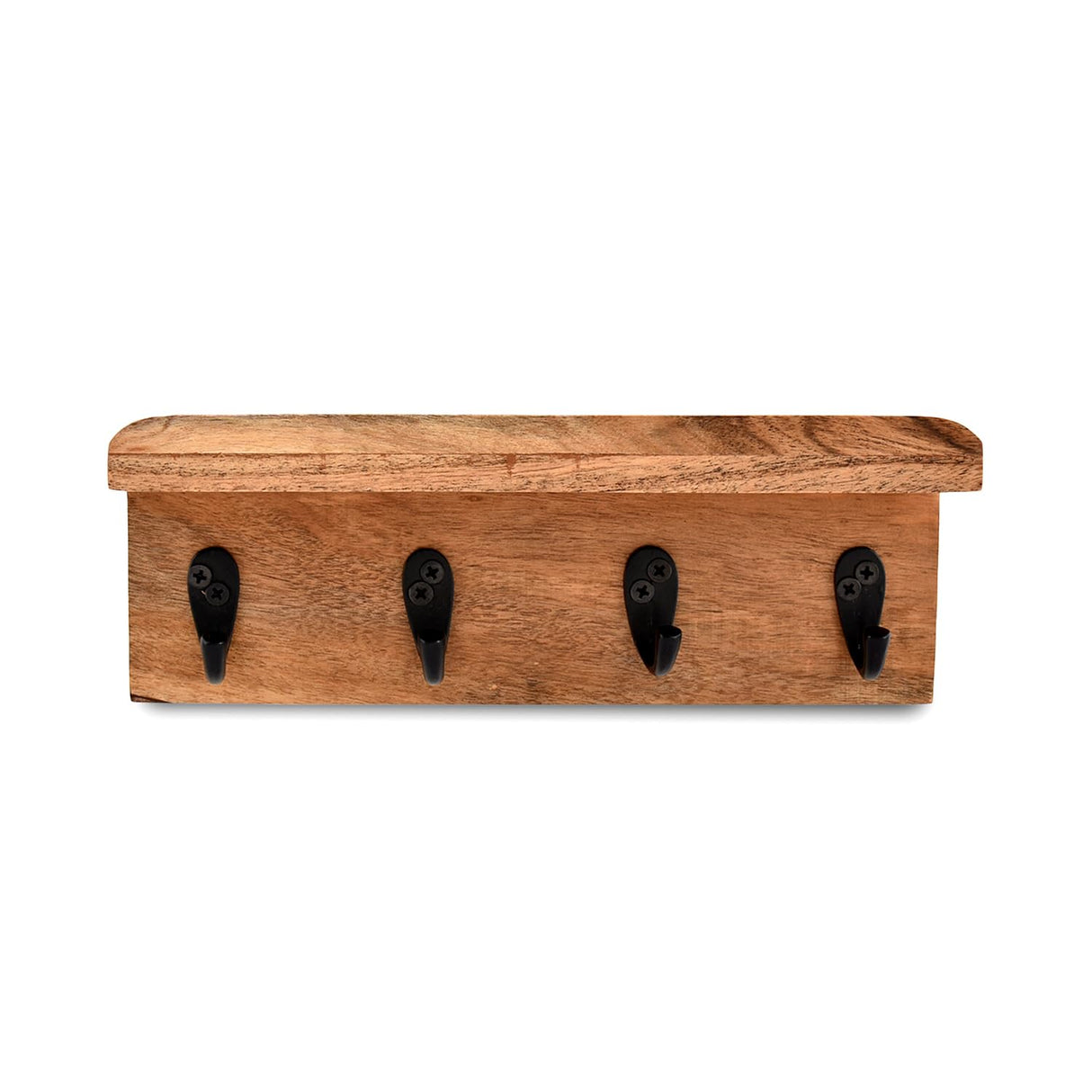 NIRMAN Acacia Wood Rustic Key Holder for Wall, Farmhouse Wall Shelf with 4 Hooks for Entryway Farmhouse Kitchen (10" x 3.5" x 3.5") NIRMAN