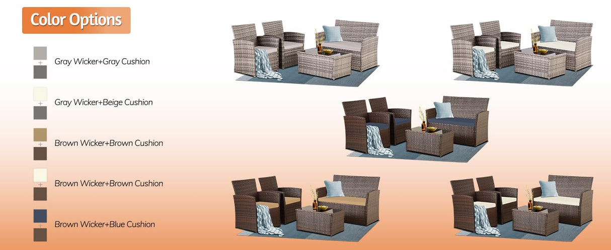 Seogwisam 4 Piece Patio Furniture Set,Outdoor Wicker Conversation Sets,Rattan Sectional Sofa w/Coffee Table,Seat Cushions for Backyard Porch Garden Poolside (Gray/Blue) Seogwisam
