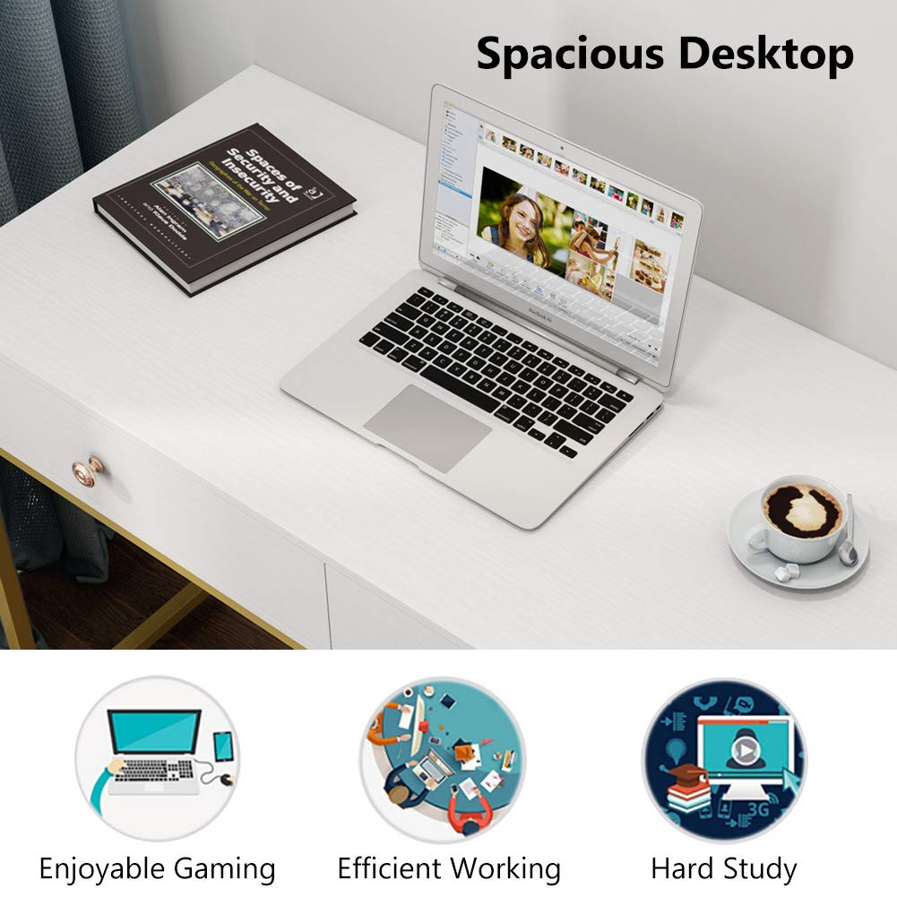 Tribesigns Computer Desk, Modern Simple 47 inch Home Office Desk Study Table Writing Desk with 2 Storage Drawers, Makeup Vanity Console Table, White and Gold Tribesigns