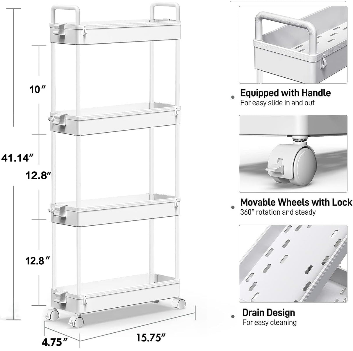 SOLEJAZZ Slim Storage Cart, 4 Tier Bathroom Organizer Mobile Shelving Unit, Rolling Utility Cart Slide Out Organizer for Kitchen, Bathroom, Laundry, Narrow Places, White SOLEJAZZ