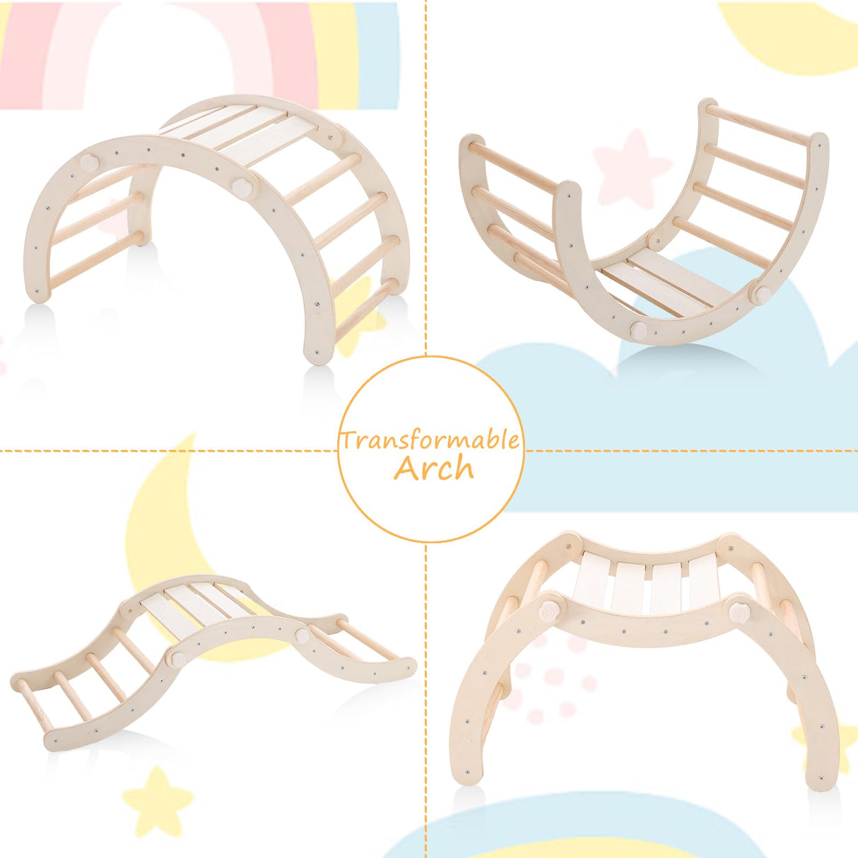 RMHDSLF Transformable Climbing Triangle, Pikler Triangle Set with Arch and Ramp, Foldable Wooden Montessori Climbing, Wood Play Gym, Toddler Gym for 2-6 Years. RMHDSLF